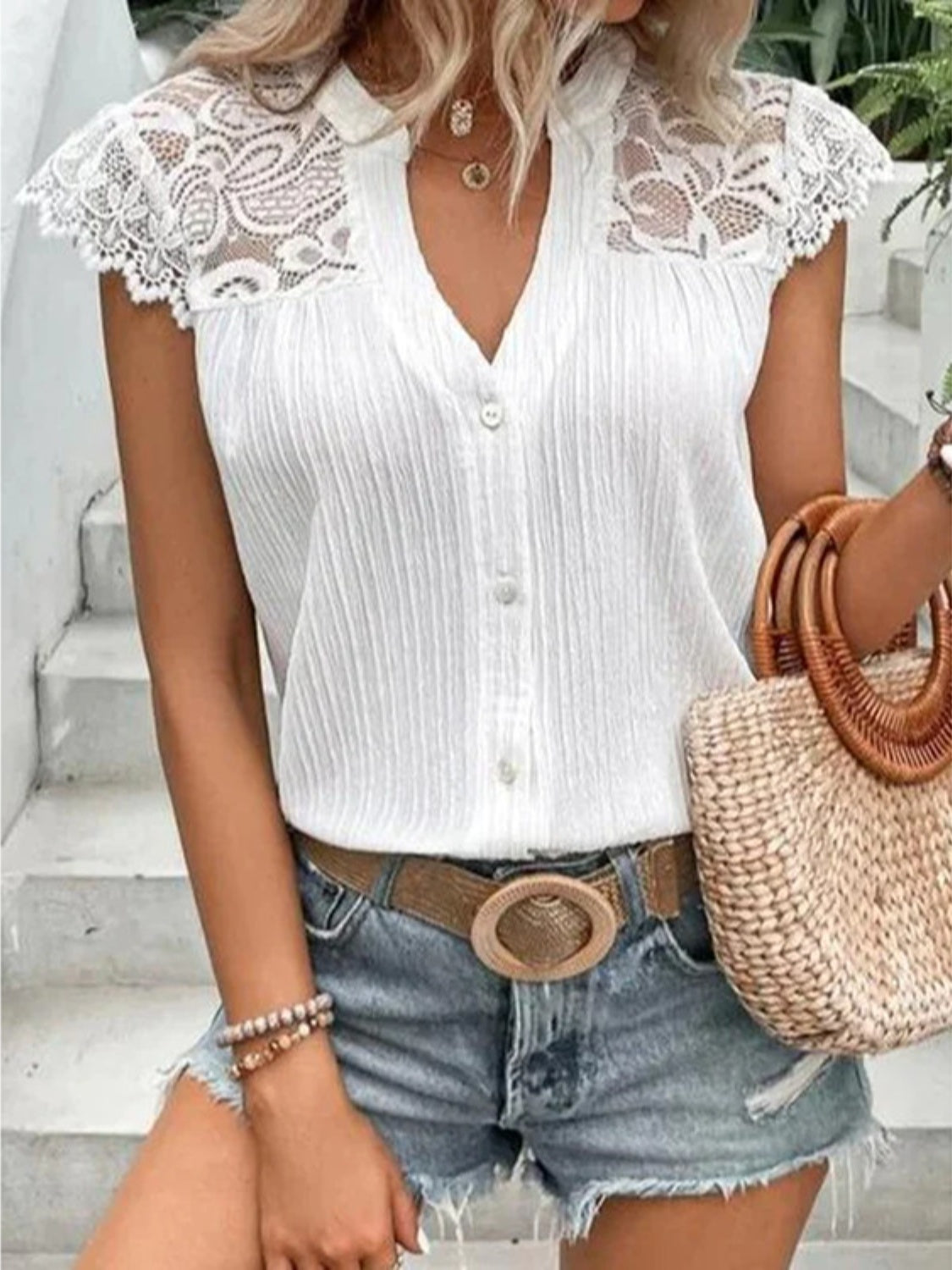 Lace Detail Notched Cap Sleeve Blouse Blouse Trendsi   