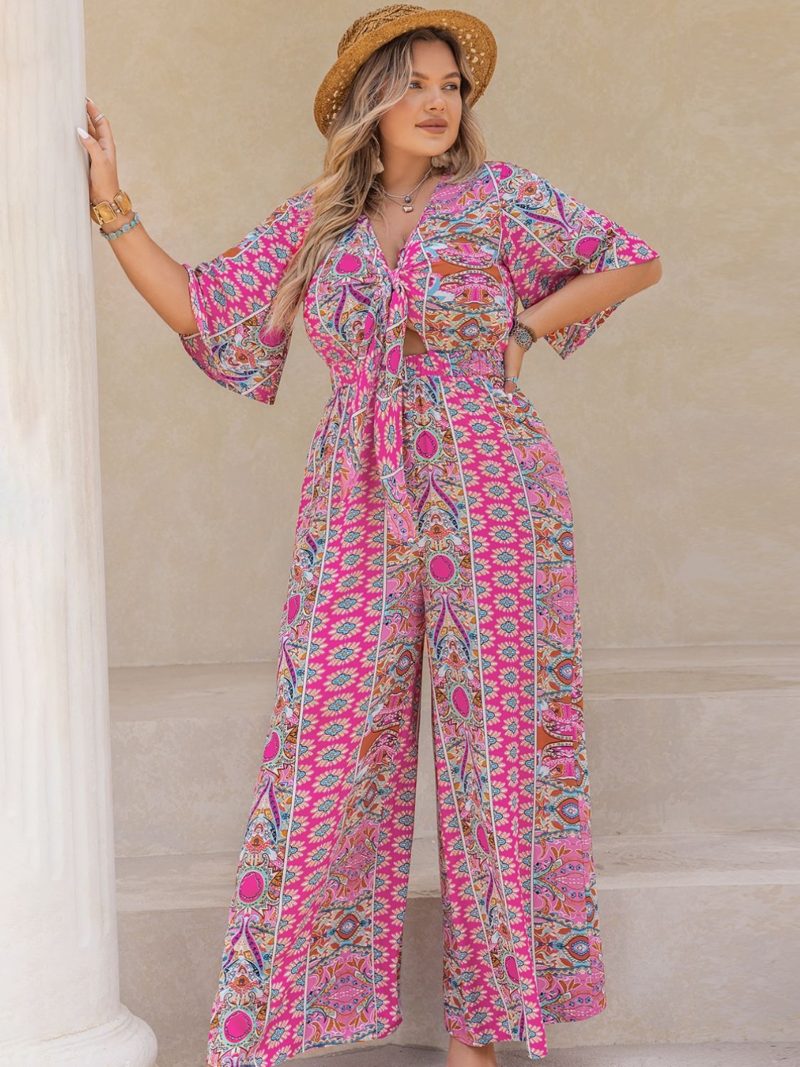 Plus Size Printed Half Sleeve Wide Leg Jumpsuit  Trendsi   