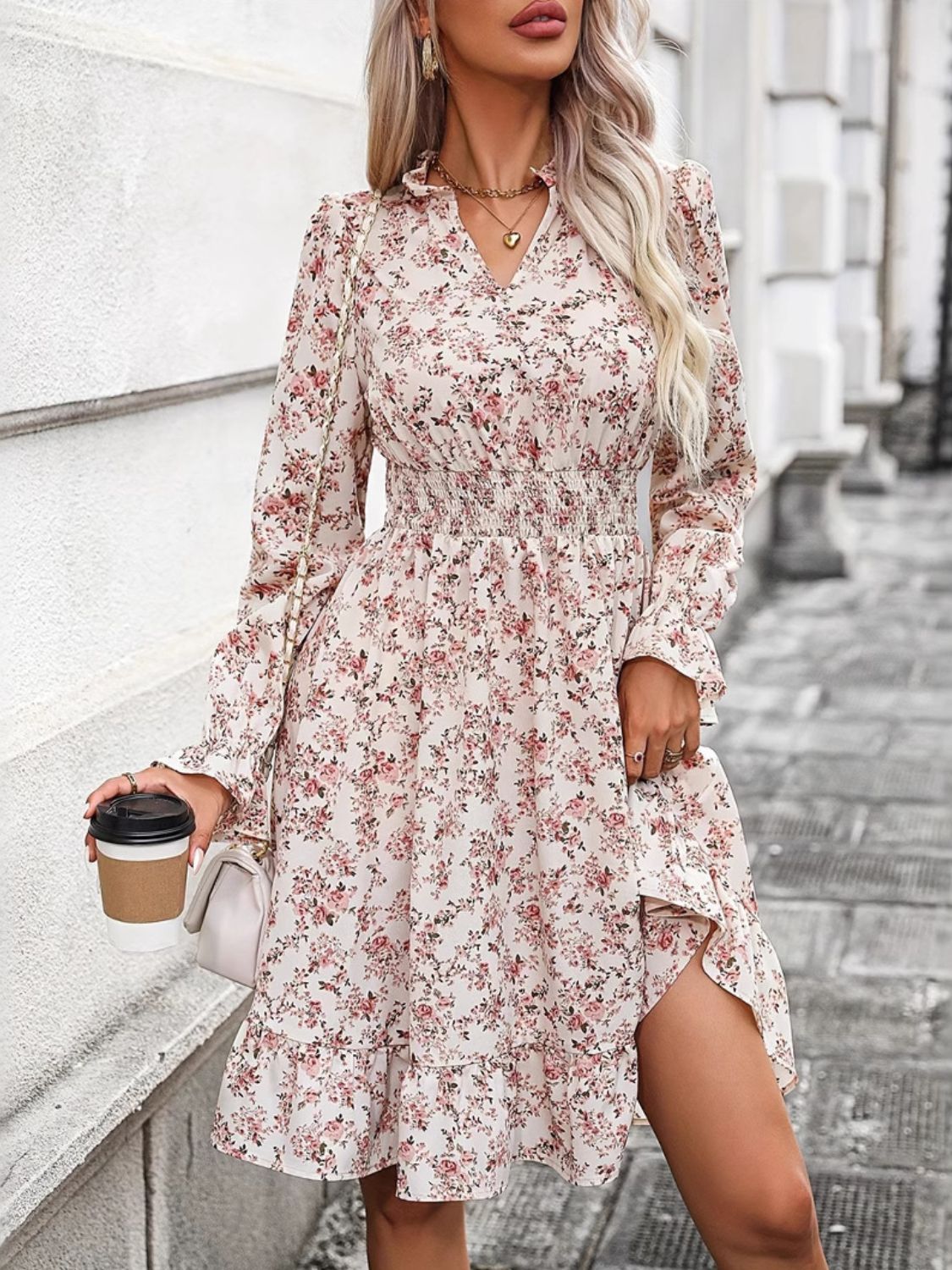 Ruffle Hem Floral Surplice Long Sleeve Dress  Trendsi   