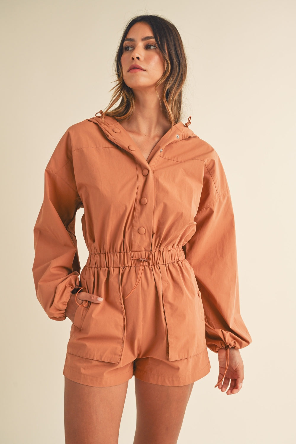 Mable Snap Down Long Sleeve Hooded Romper  Trendsi   