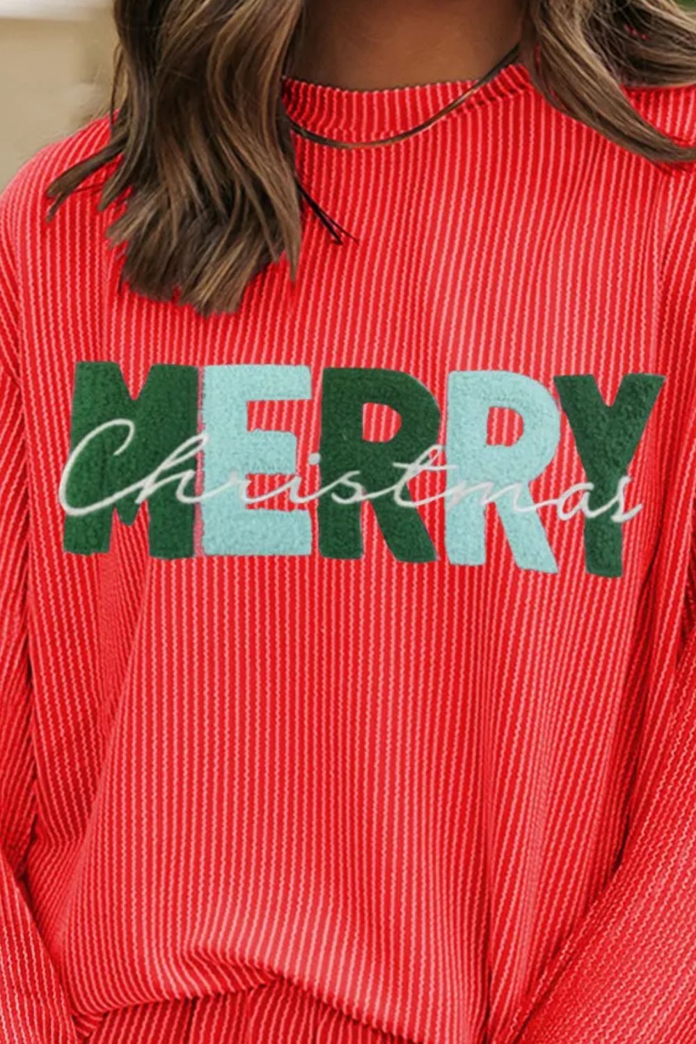 MERRY CHRISTMAS Round Neck Long Sleeve Top and Shorts Set  Trendsi   