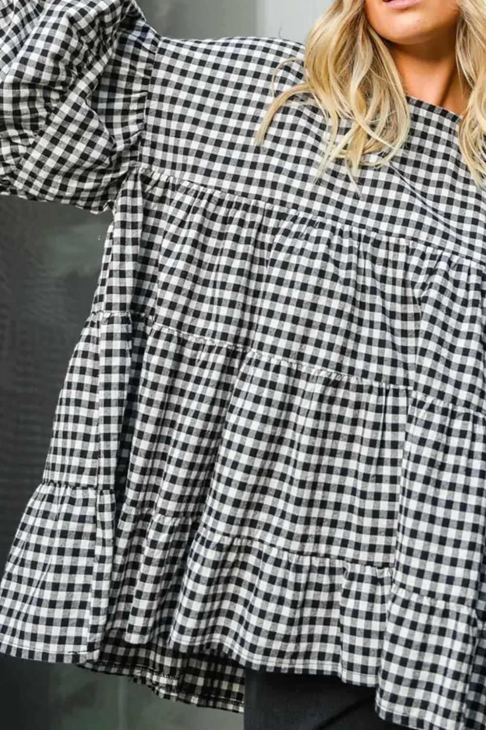 Tiered Plaid Round Neck Long Sleeve Blouse Blouse Trendsi   