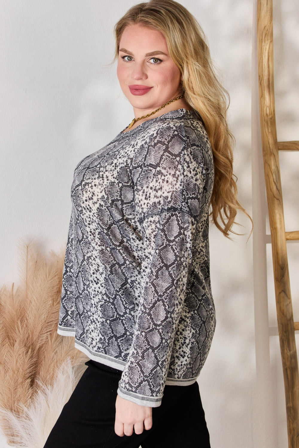 Hailey & Co Full Size Snakeskin V-Neck Long Sleeve Top  Trendsi   