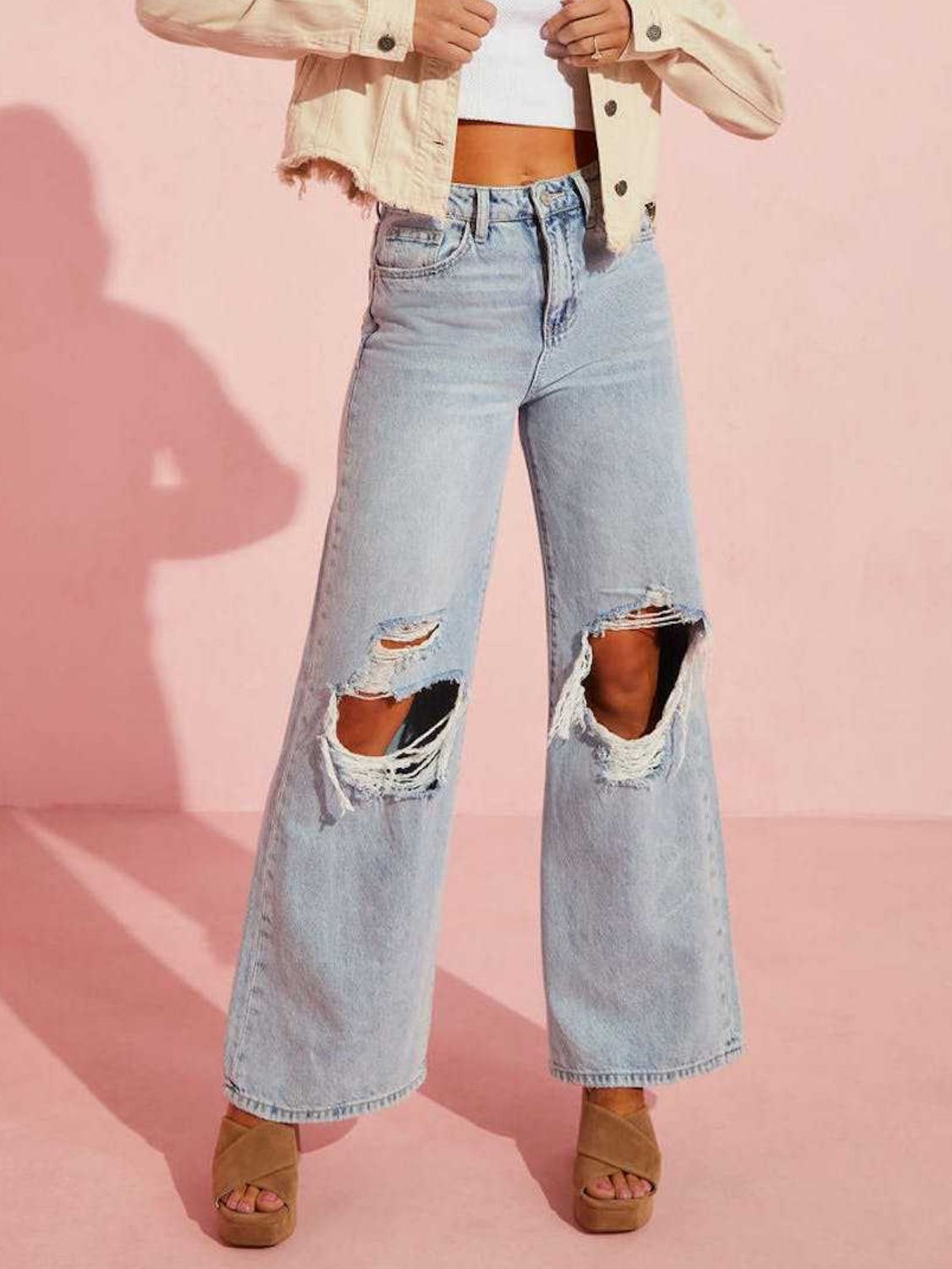 Distressed Wide Leg Jeans with Pockets  Trendsi   