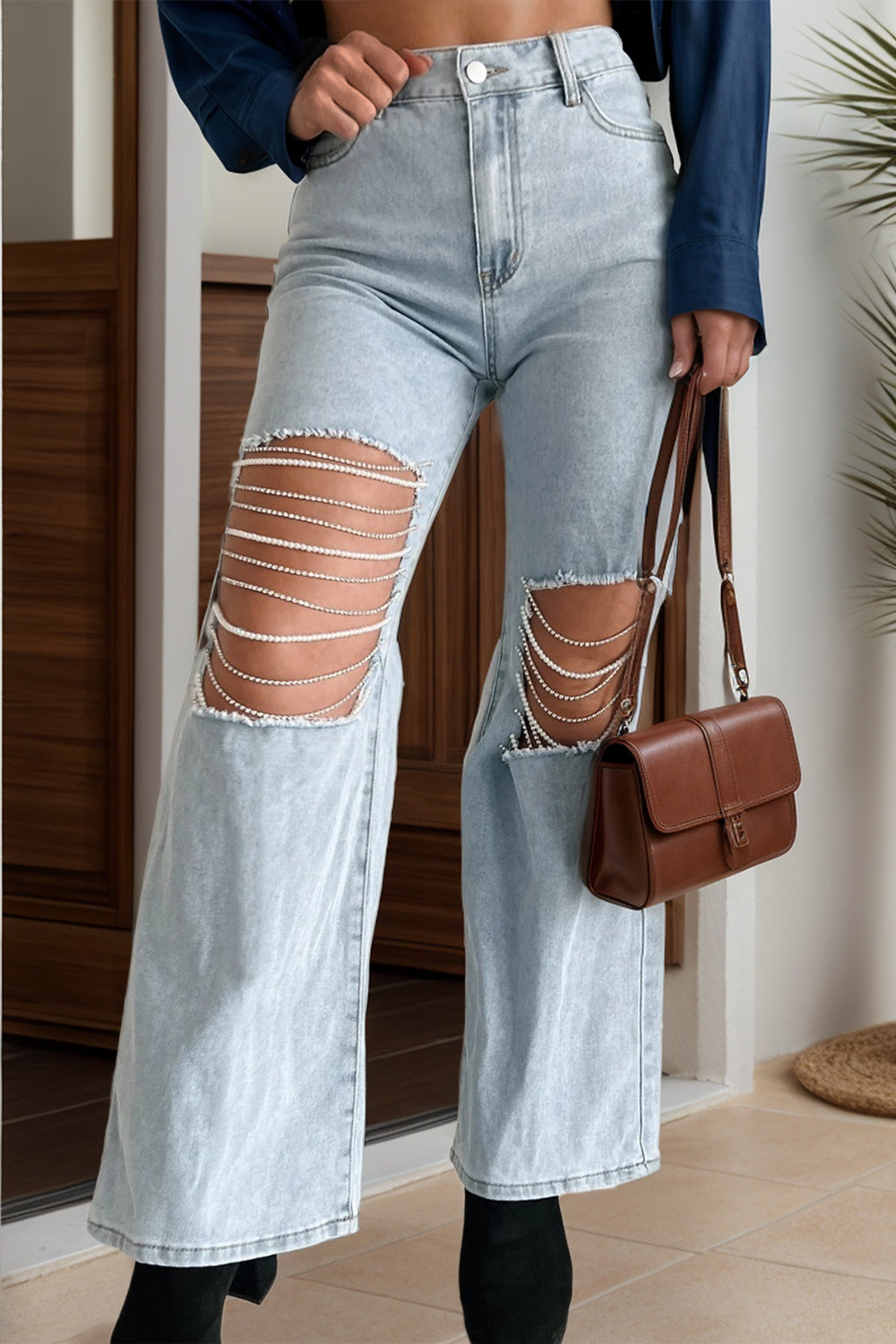 Distressed Bead Chain Straight Jeans  Trendsi   