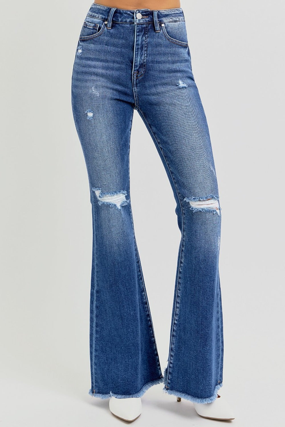 RISEN Full Size High Rise Distressed Raw Hem Flare Jeans  Trendsi   