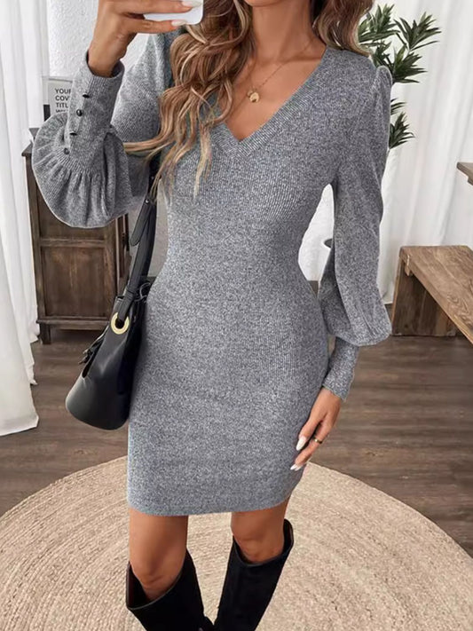 V-Neck Lantern Sleeve Dress  Trendsi Gray S 