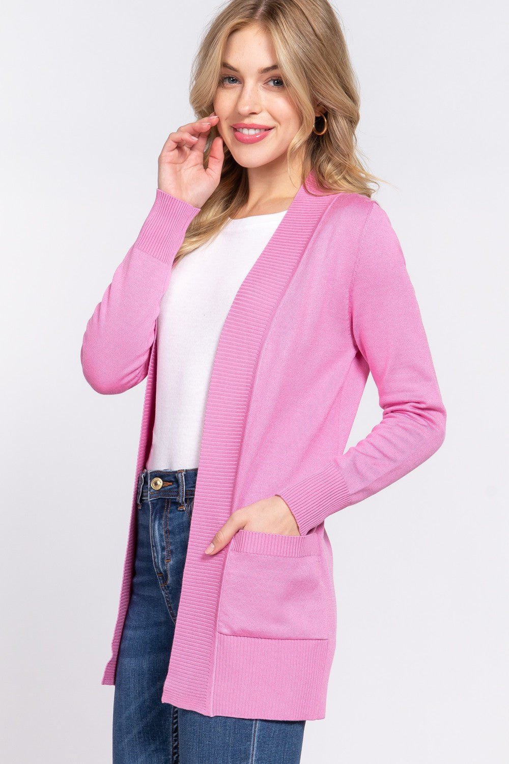 ACTIVE BASIC Ribbed Trim Open Front Cardigan  Trendsi PINK S 