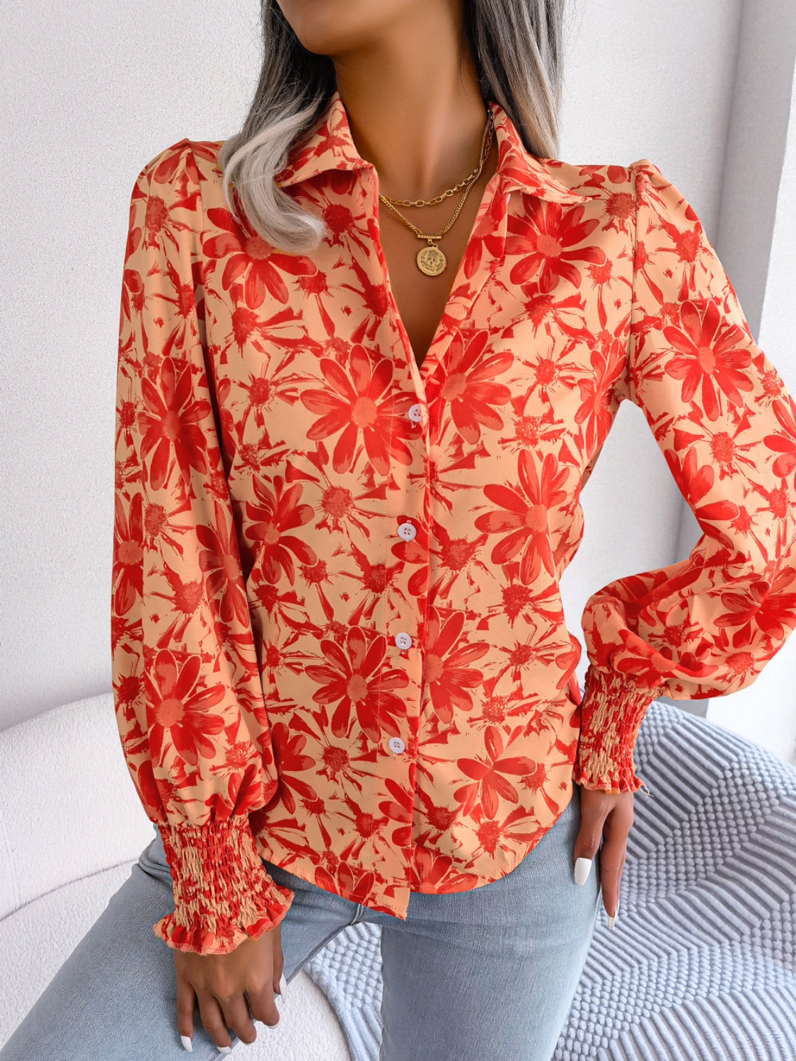 Floral Collared Neck Long Sleeve Shirt Blouse Trendsi   