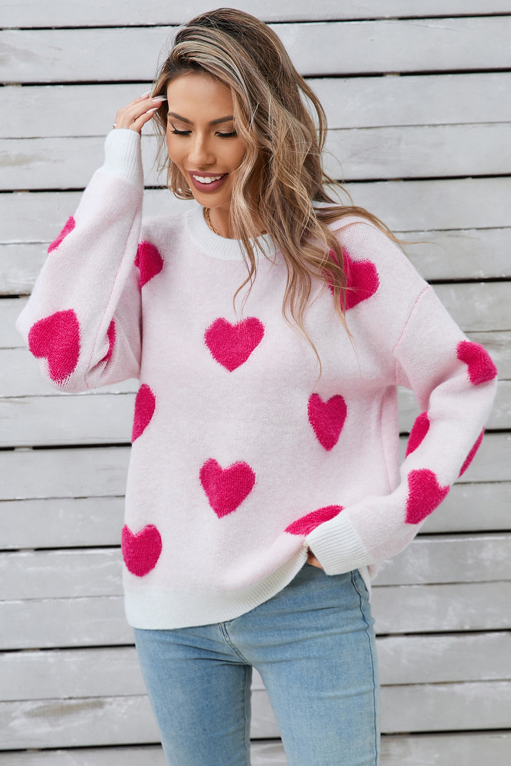 Angel Wings Heart Round Neck Long Sleeve Sweater  Trendsi Hot Pink S 