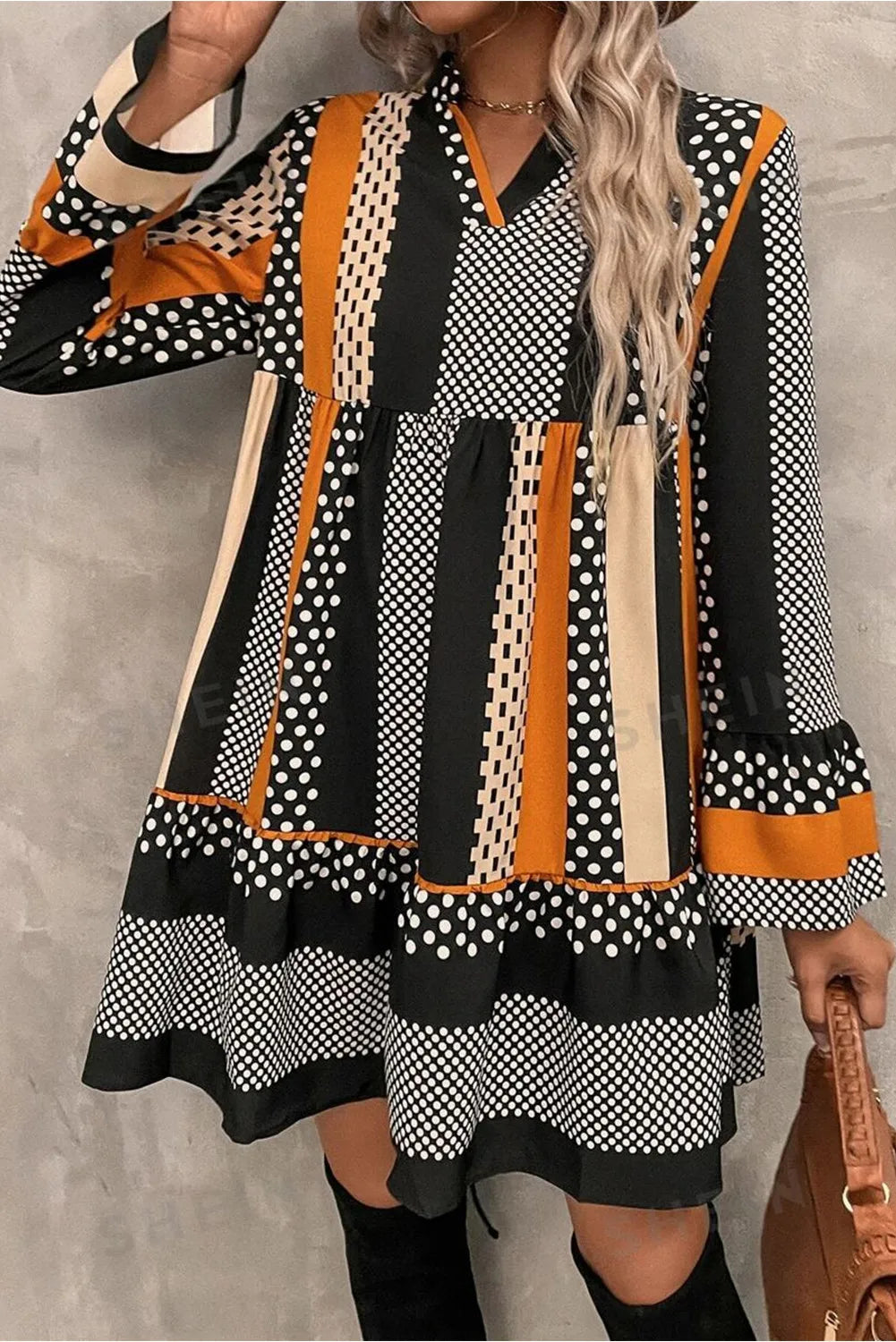 Printed Notched Long Sleeve Mini Dress  Trendsi   