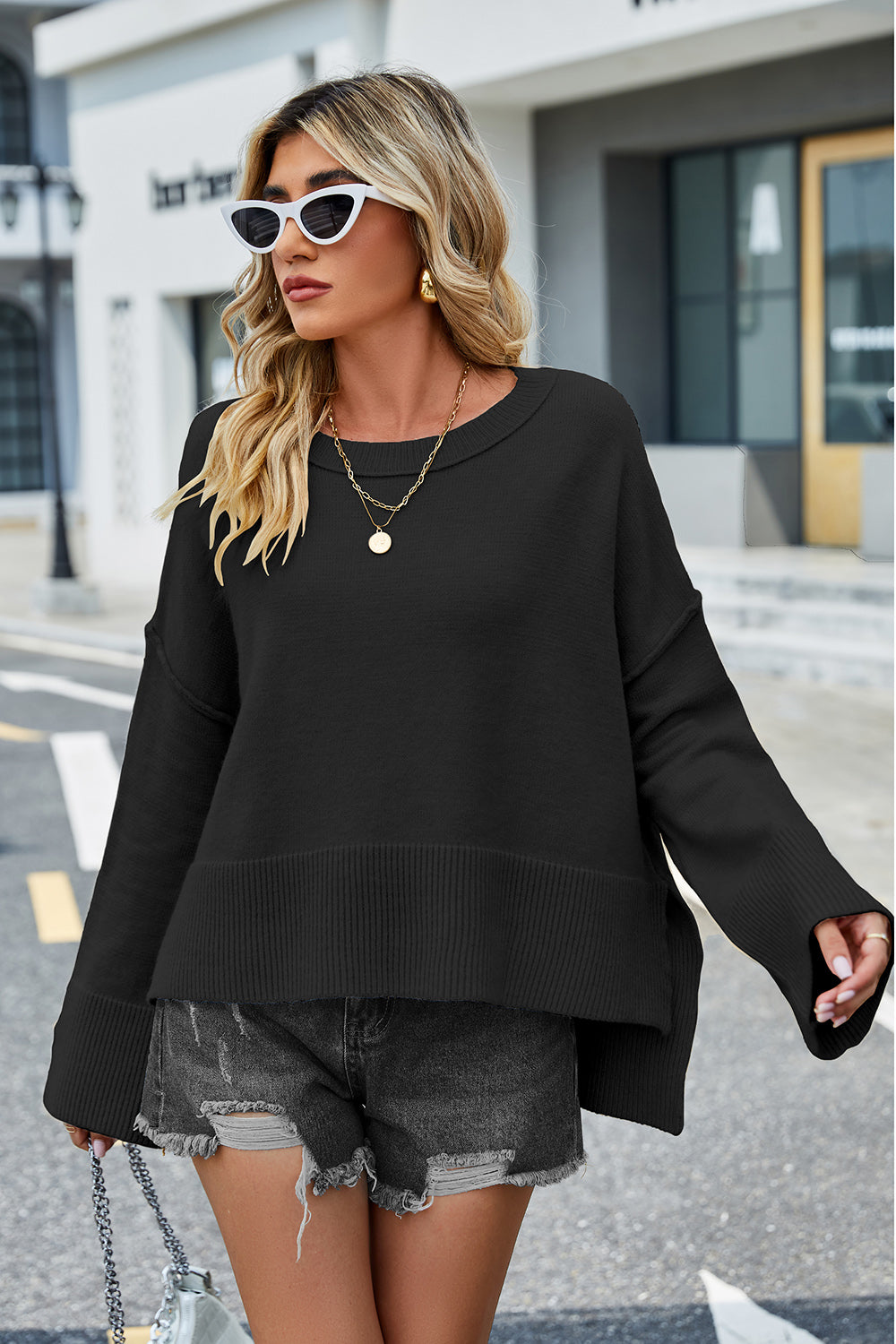 High-Low Slit Round Neck Long Sleeve Sweater  Trendsi   