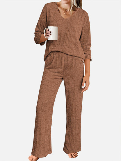 V-Neck Long Sleeve Top and Pants Set  Trendsi   