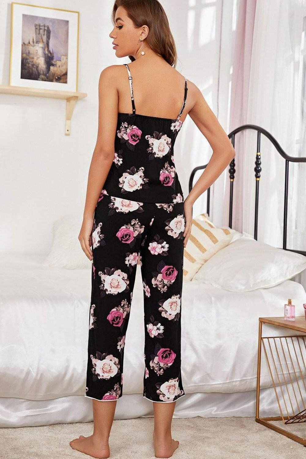 Floral V-Neck Cami and Cropped Pants Lounge Set  Trendsi   