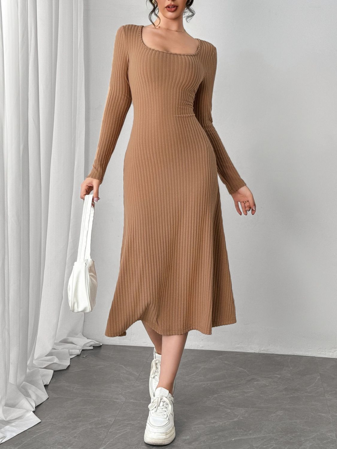 Square Neck Long Sleeve Midi Wrap Dress  Trendsi Camel S 