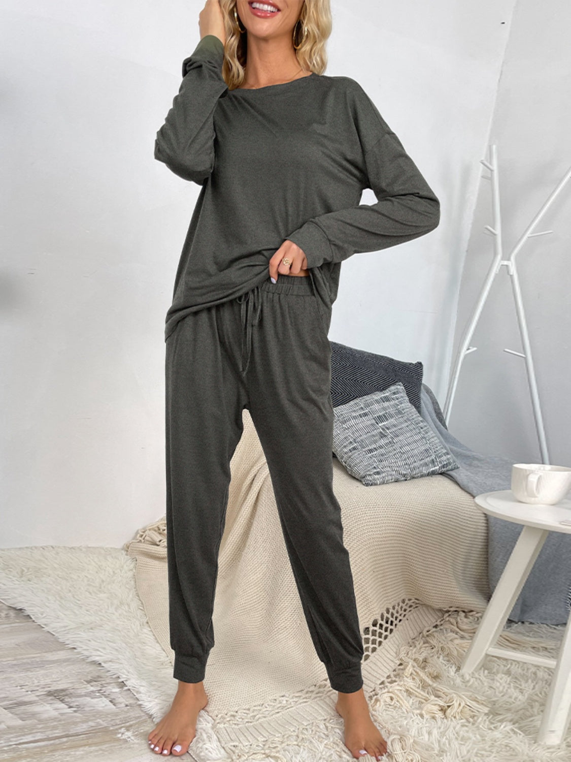 Shiny Round Neck Top and Drawstring Pants Lounge Set  Trendsi   