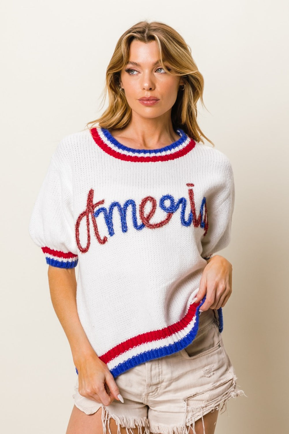 BiBi Metallic America Letter Short Sleeve Sweater  Trendsi   