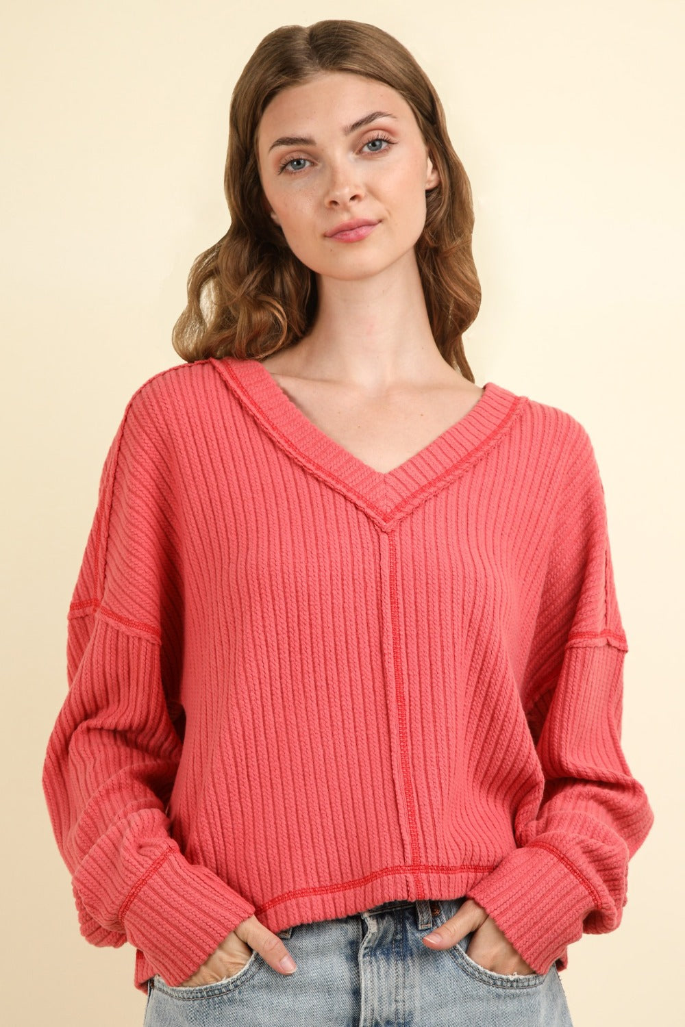 VERY J Exposed Seam V-Neck Ribbed Knit Top Luxe Trendsi Coral S 