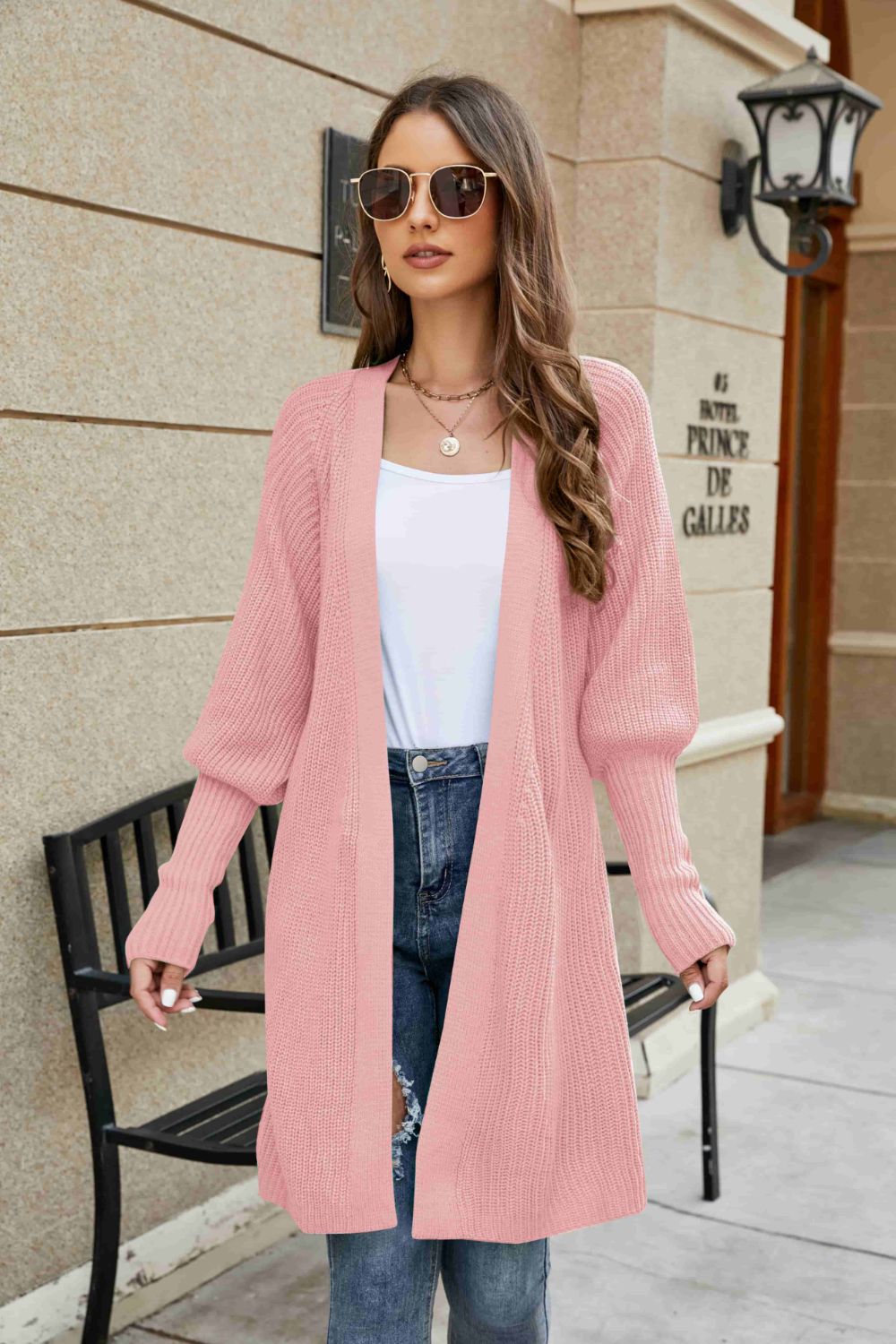 Open Front Lantern Sleeve Cardigan  Trendsi Dusty Pink S 