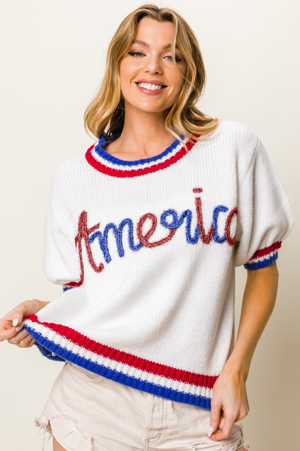 BiBi Metallic America Letter Short Sleeve Sweater  Trendsi   