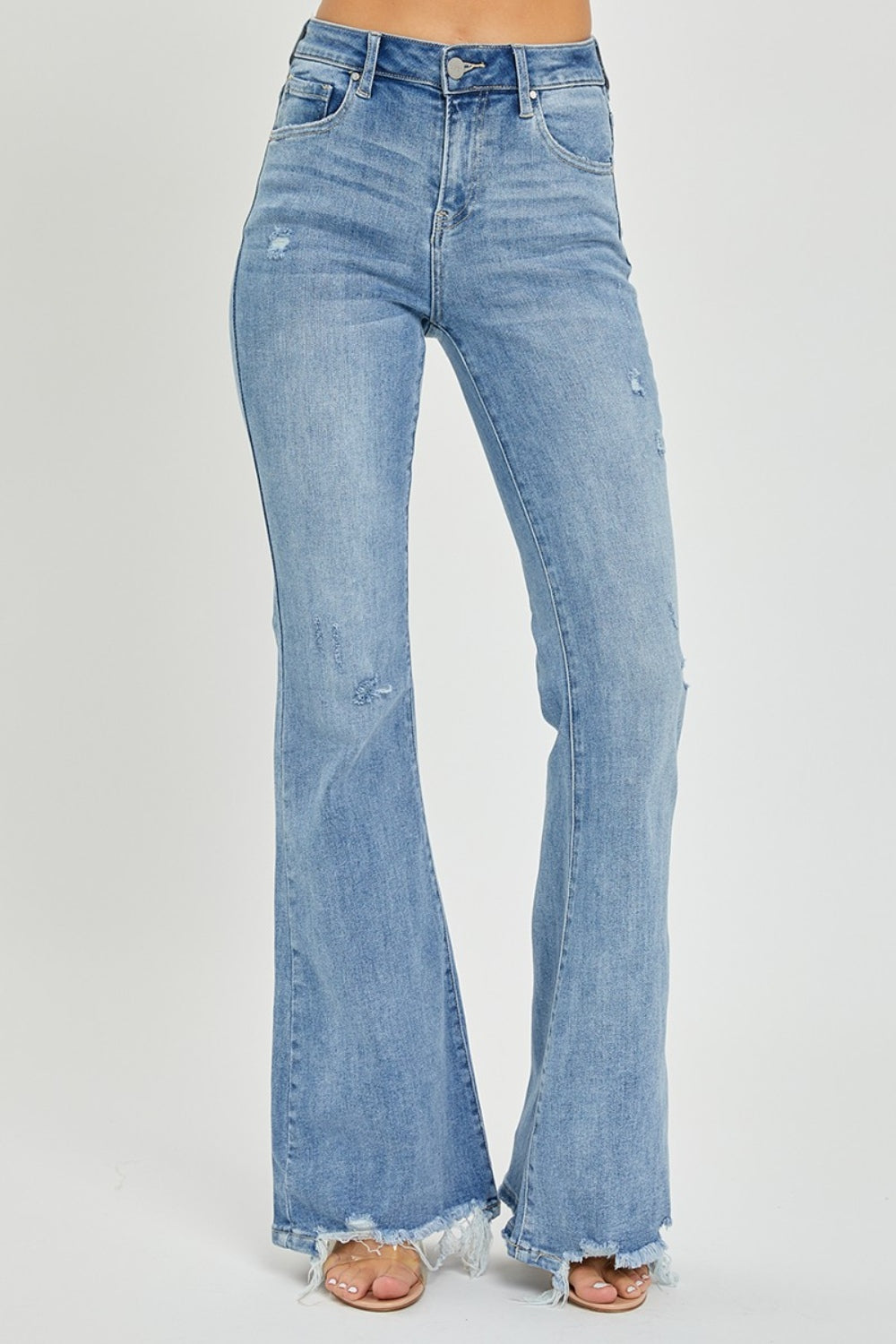 Risen Full Size High Rise Frayed Hem Flare Jeans  Trendsi Light 0(24) 