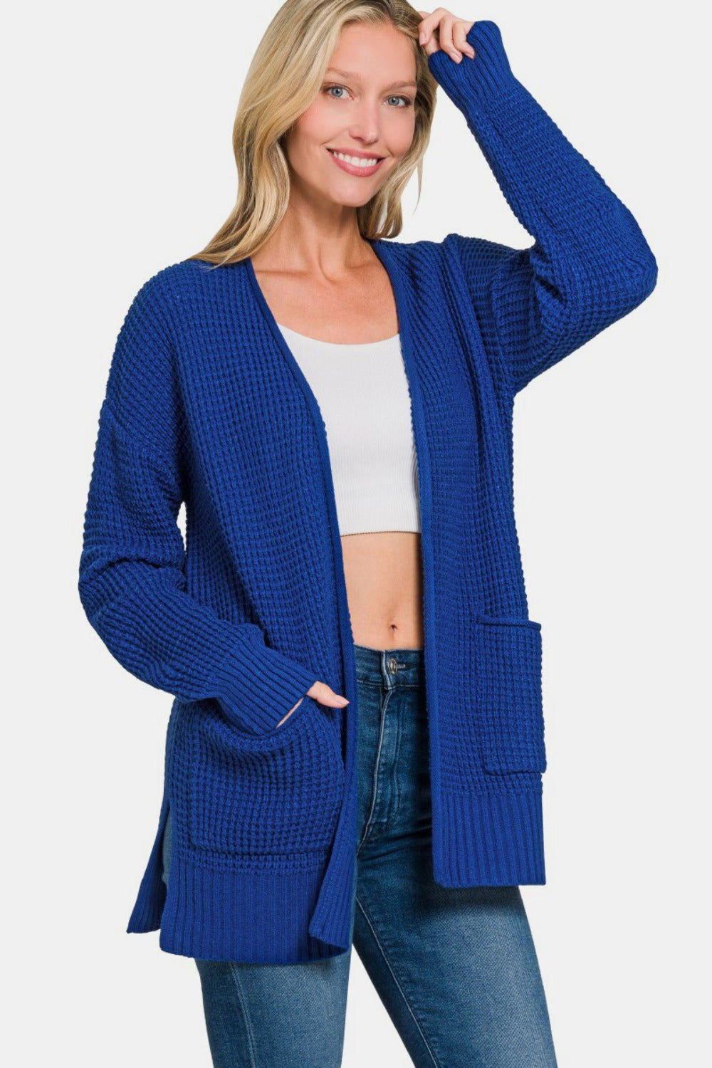 Zenana Waffle Open Front Sweater Cardigan  Trendsi LT Navy S 