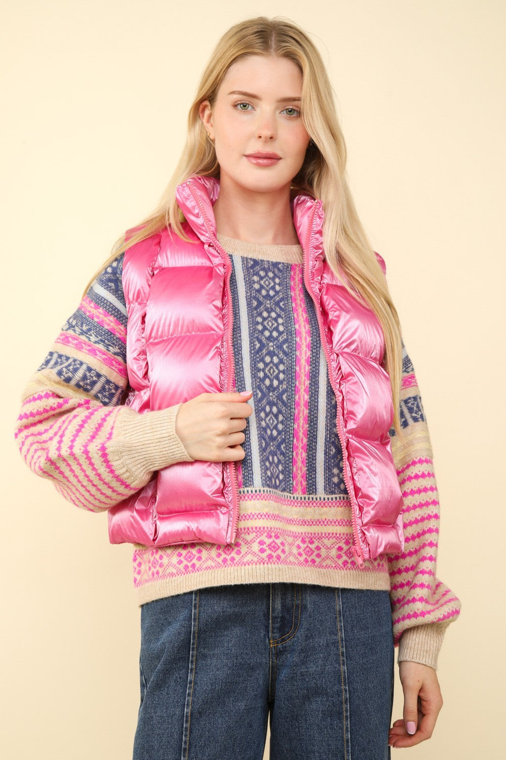 VERY J Shiny Metallic Zip Up Puffer Vest Luxe Trendsi Pink S 