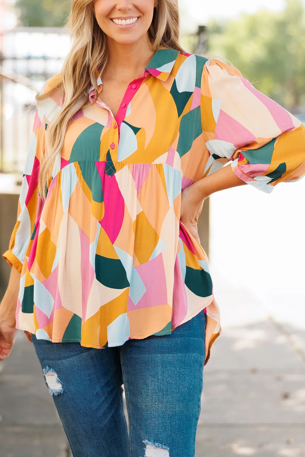 Heathered Collared Neck Long Sleeve Blouse Blouse Trendsi Multicolor S 