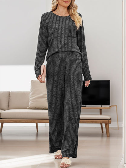 Round Neck Long Sleeve Top and Pants Set  Trendsi   