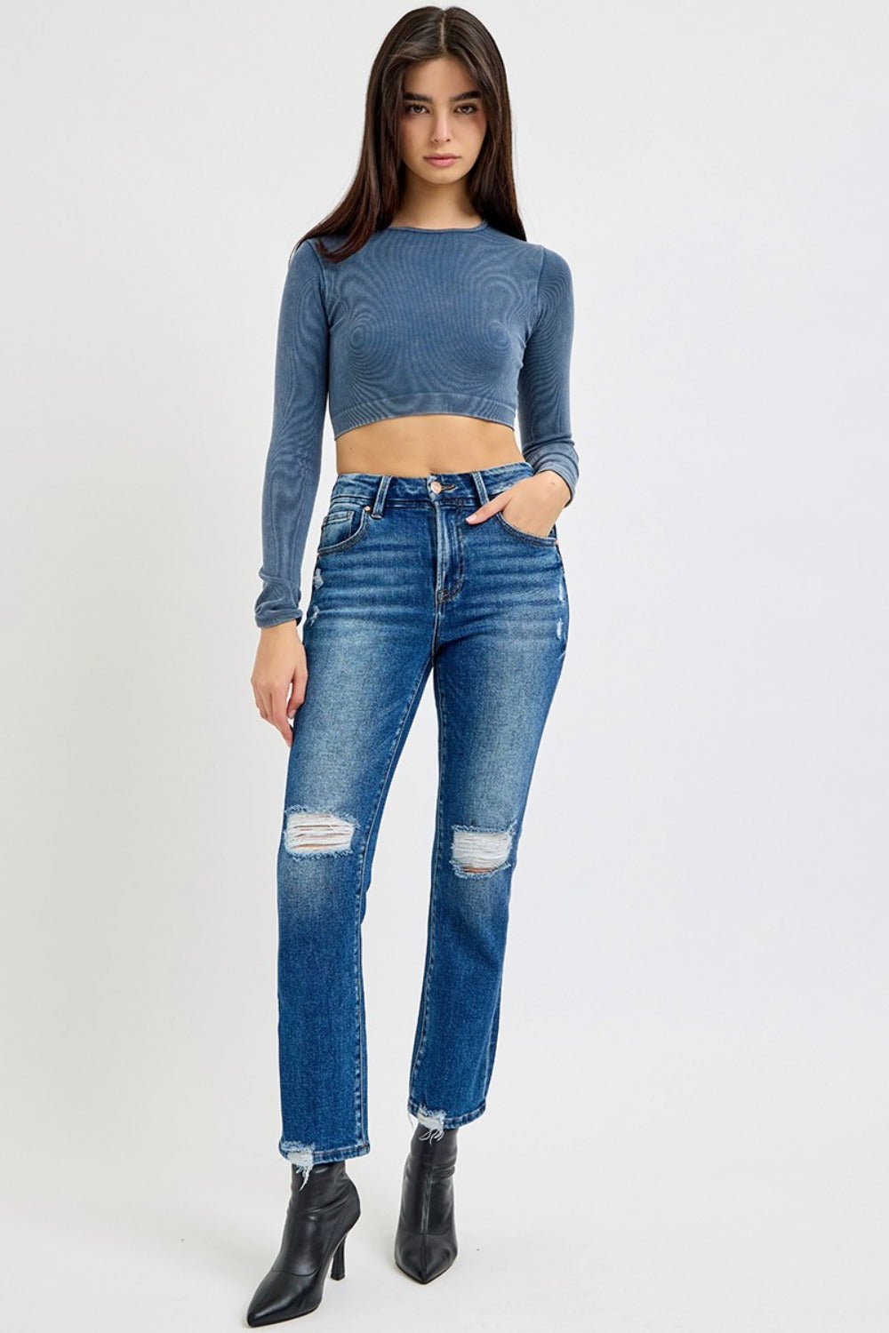 RISEN Full Size High Rise Distressed Crop Straight Jeans  Trendsi   