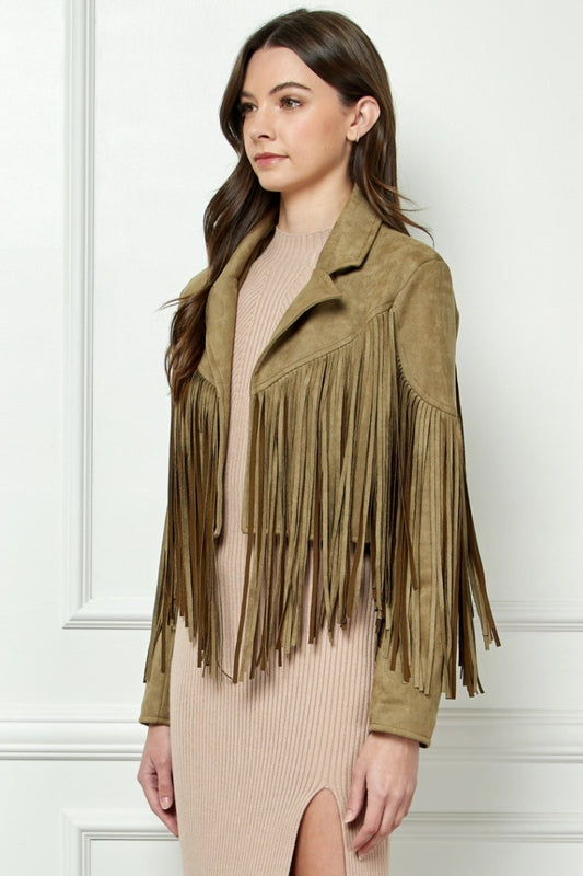 Veveret Suede Fringe Long Sleeve Moto Jacket  Trendsi OLIVE S 