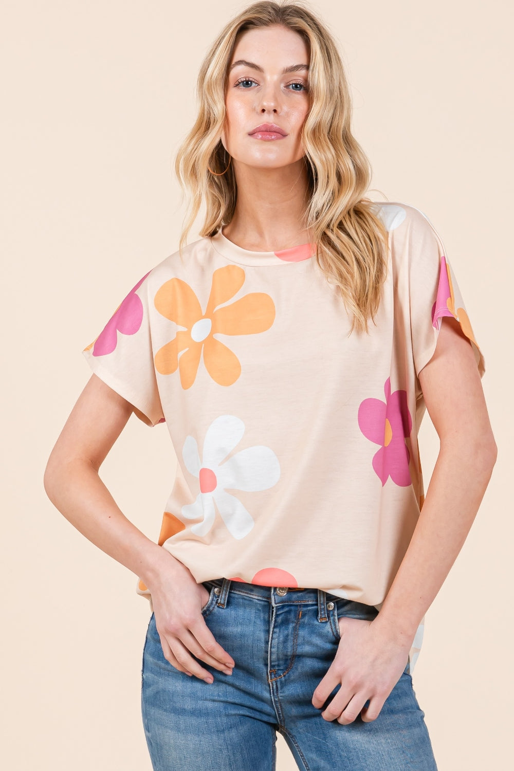 BOMBOM Floral Short Sleeve T-Shirt  Trendsi Beige S 