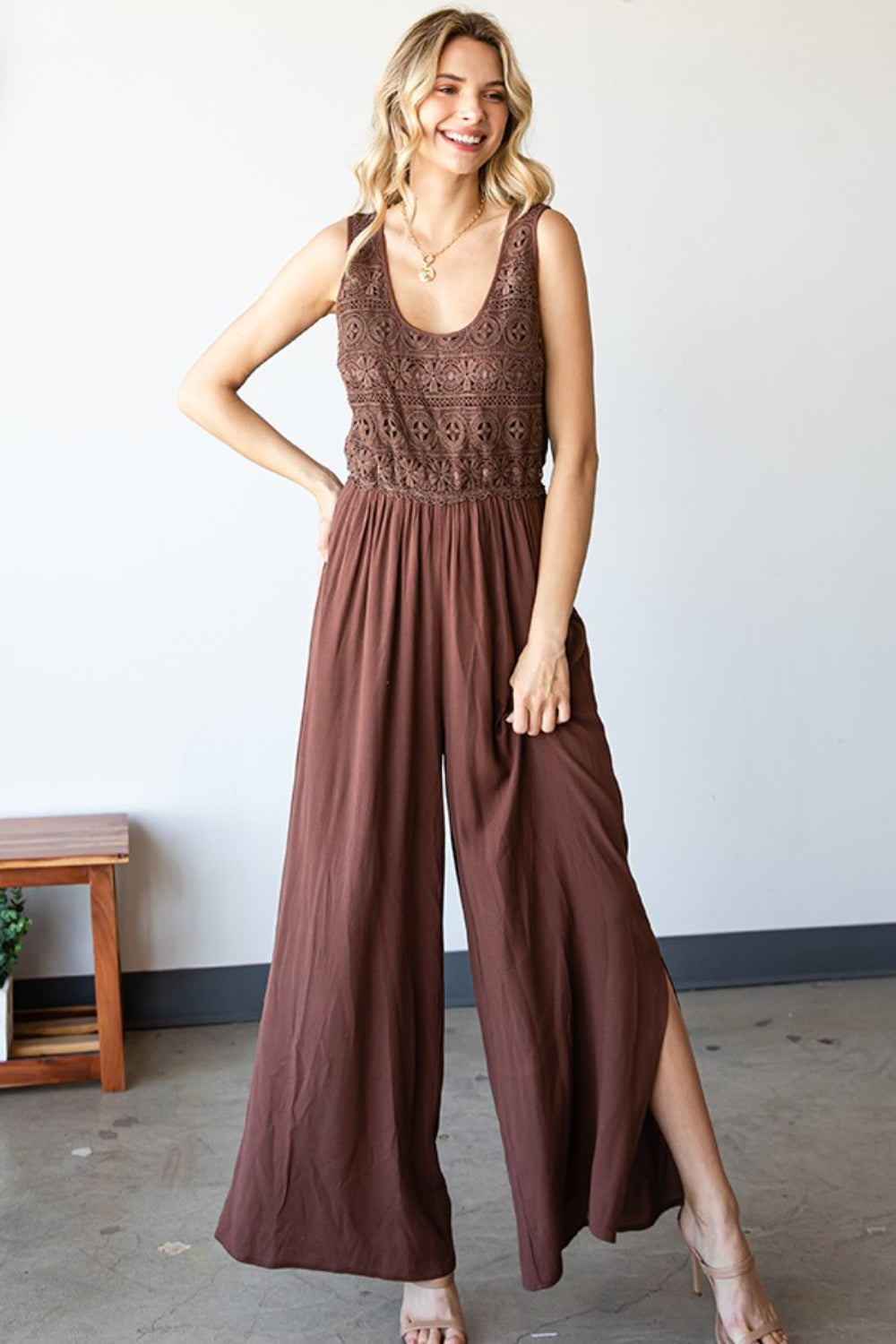 First Love Tie Back Sleeveless Slit Wide Leg Jumpsuit  Trendsi   