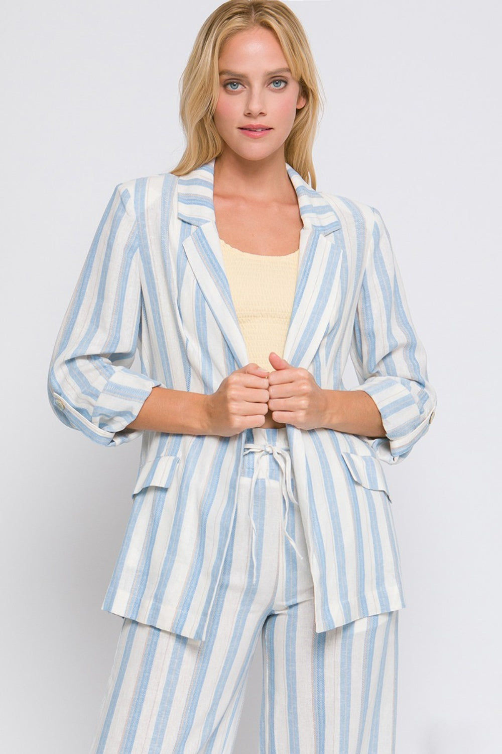 Love Tree Linen Woven Striped Blazer  Trendsi Blue S 