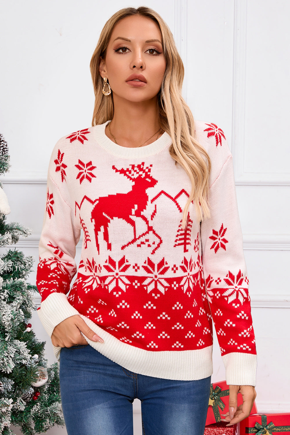 Angel Wings Deer Pattern Round Neck Long Sleeve Sweater  Trendsi   