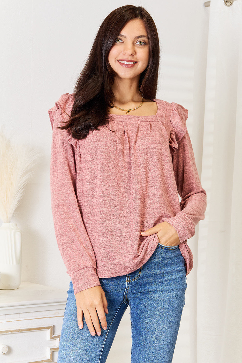 Double Take Square Neck Ruffle Shoulder Long Sleeve T-Shirt Sale Trendsi   