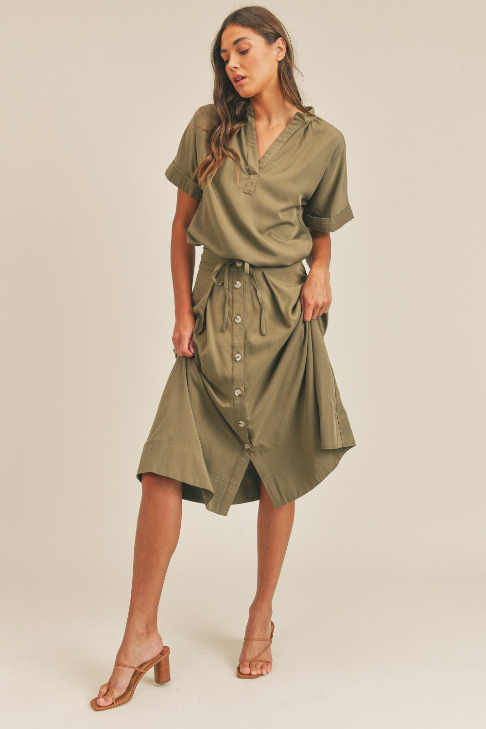 MABLE Short Sleeve Top and Button Down Midi Skirt Set  Trendsi Olive S 