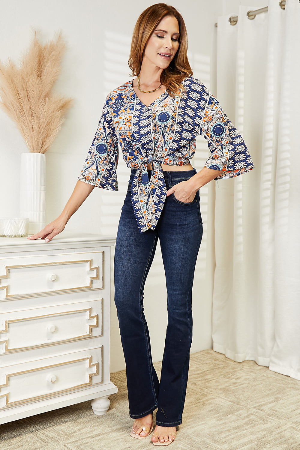 Tie Hem V-Neck Three-Quarter Sleeve Blouse Sale Trendsi   