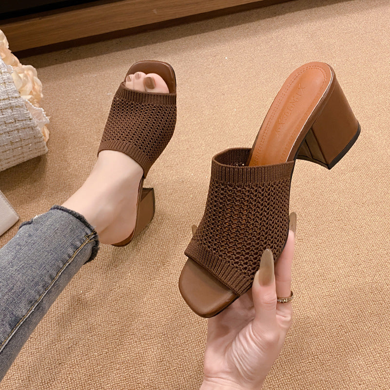 Block Heel Knit Sandals  Trendsi Brown 35(US4) 