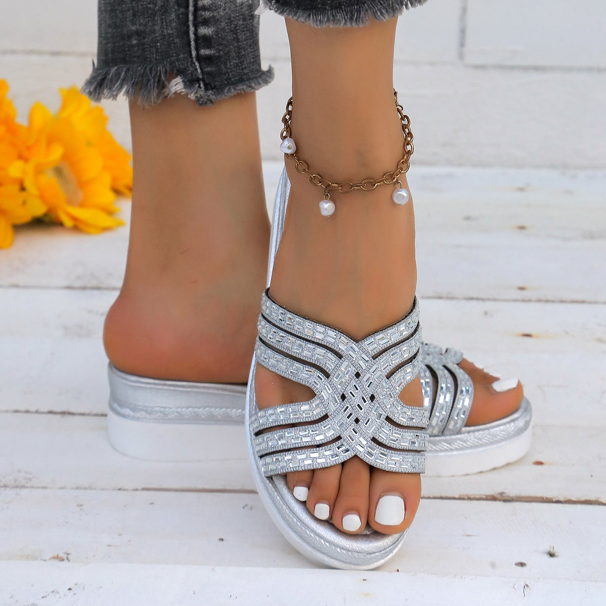 Rhinestone Open Toe Wedge Sandals  Trendsi   