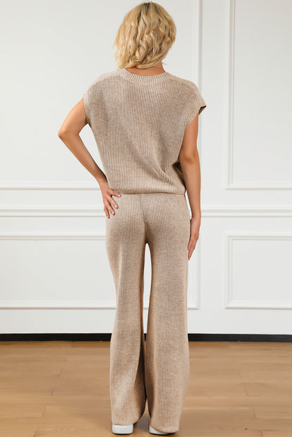 Pocketed V-Neck Top and Wide Leg Sweater Set Jumpsuit Trendsi   