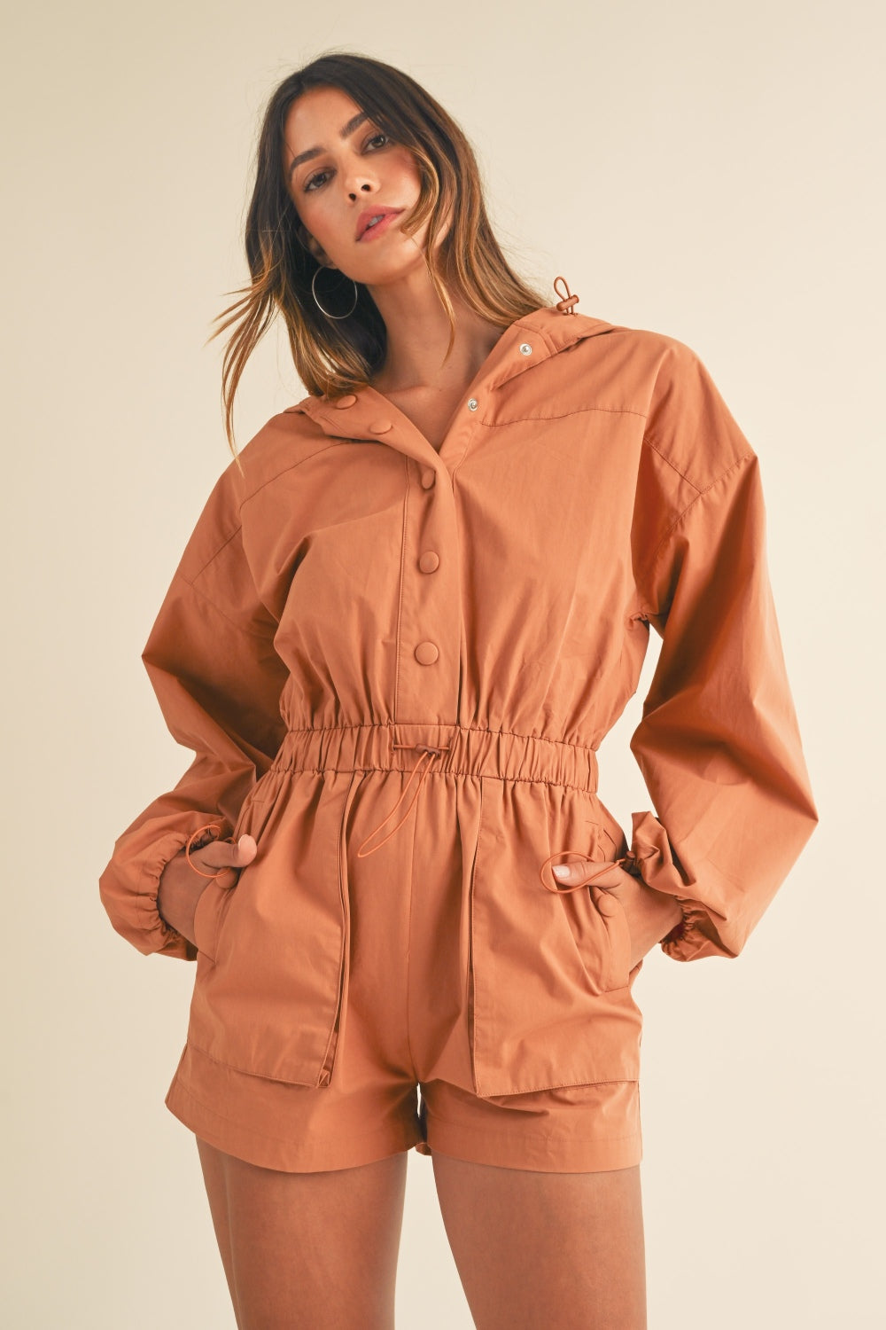 Mable Snap Down Long Sleeve Hooded Romper  Trendsi Tan S 