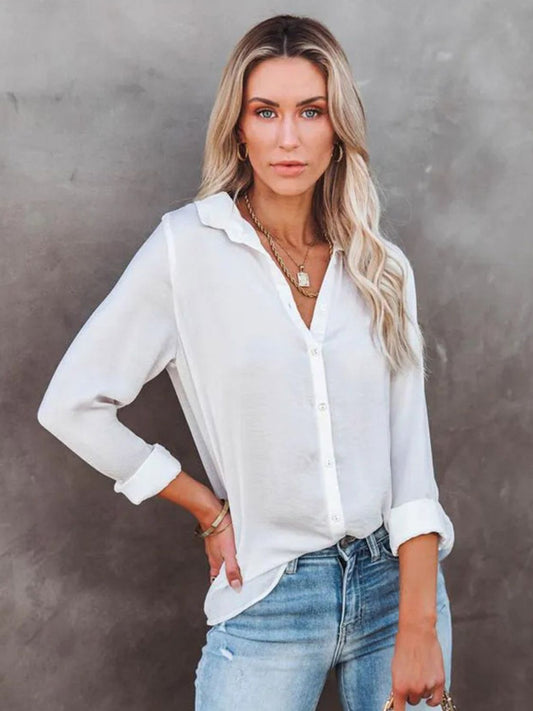 Button Down Collared Neck Long Sleeve Shirt Blouse Trendsi White S 