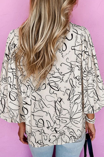 Printed Round Neck Three-Quarter Sleeve Blouse Blouse Trendsi   