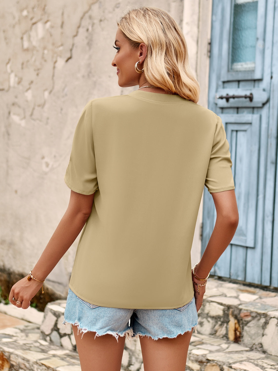 V-Neck Short Sleeve Blouse Blouse Trendsi   