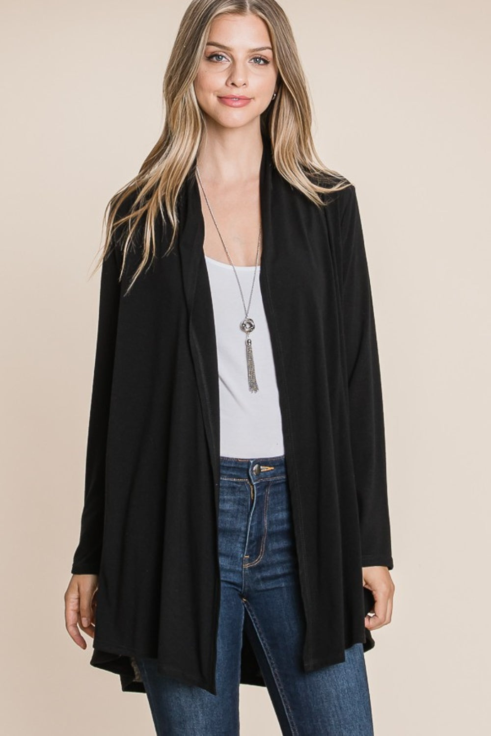 BOMBOM Open Front Long Sleeve Cardigan  Trendsi   