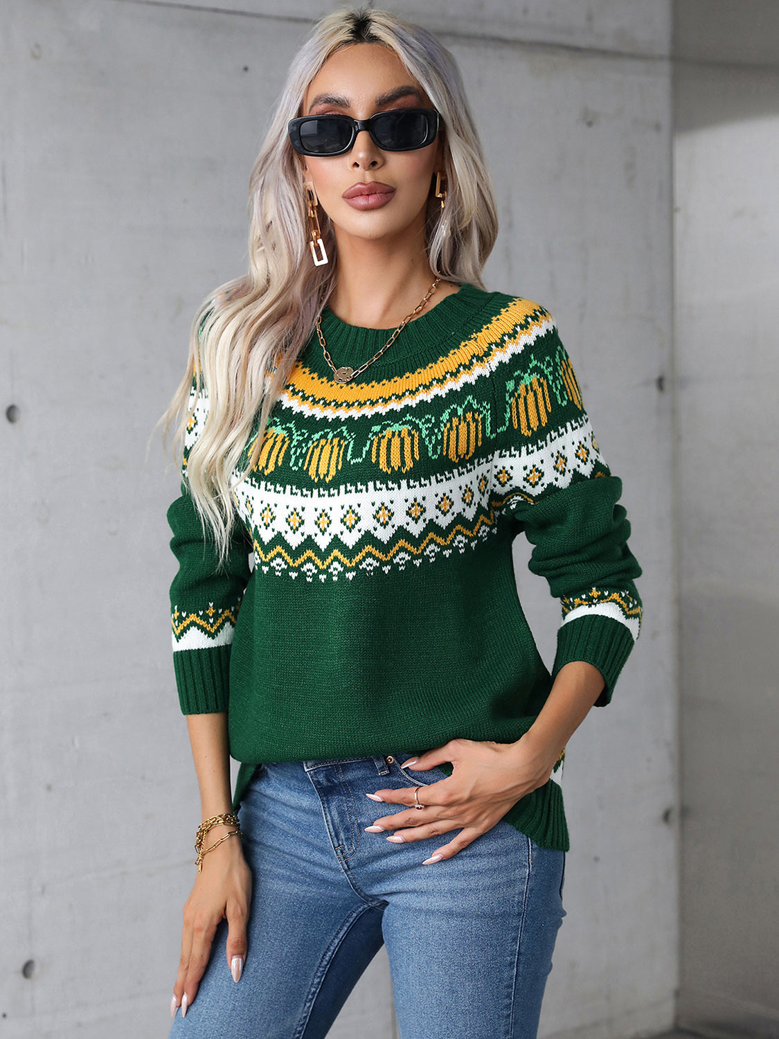 Angel Wings Geometric Round Neck Long Sleeve Sweater  Trendsi   