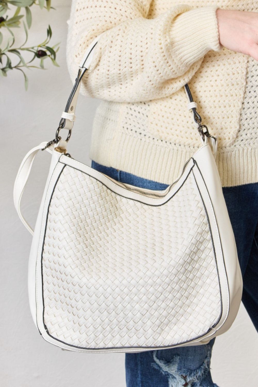 SHOMICO Weaved Vegan Leather Handbag  Trendsi WHITE One Size 