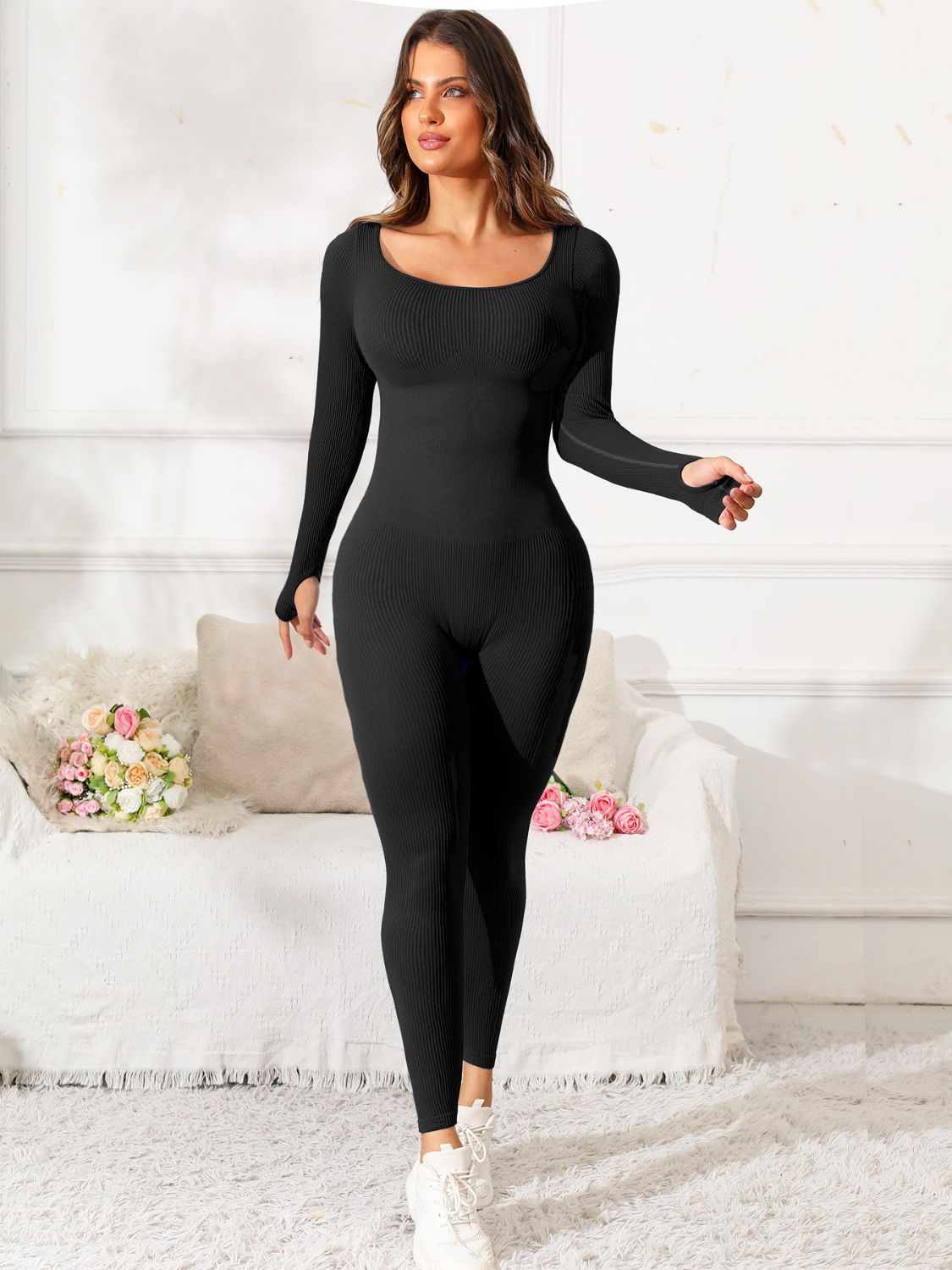 Scoop Neck Long Sleeve Active Jumpsuit  Trendsi   