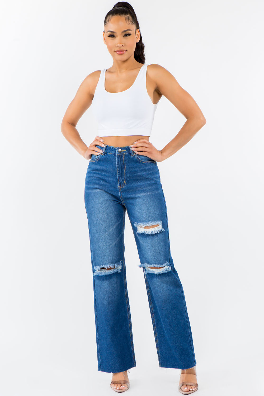 American Bazi High Waist Distressed Wide Leg Jeans  Trendsi Blue 1 